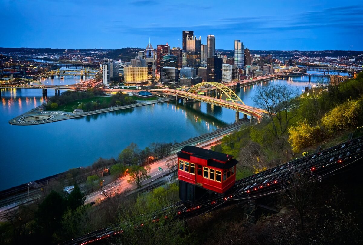 The Pittsburgh skyline and the Duquesne Incline car