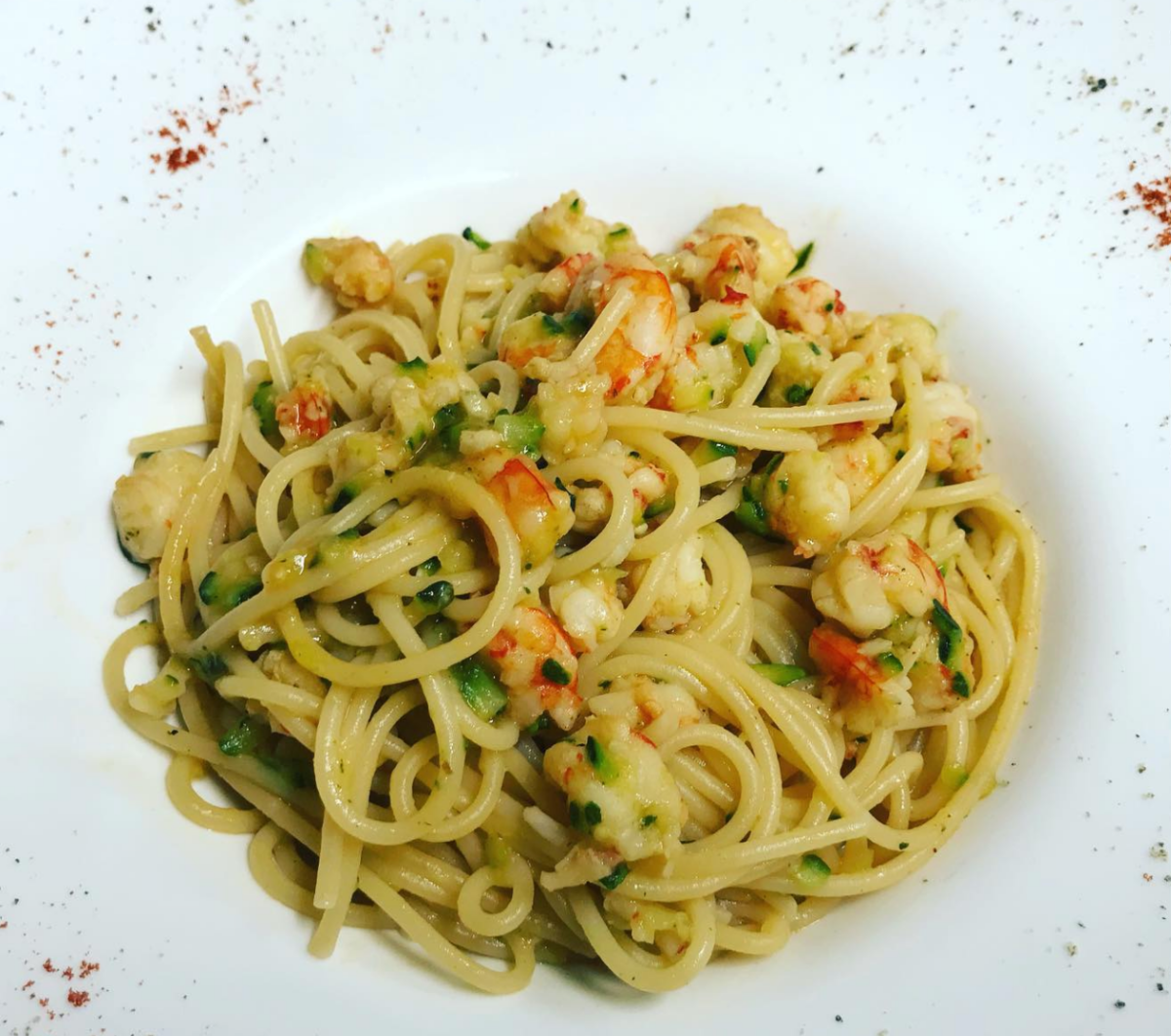 Spaghetti with asparagus and prawns at Enoteca Al Volto